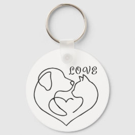 Minimalist Dog and Cat Heart - One Line Art Design キーホルダー