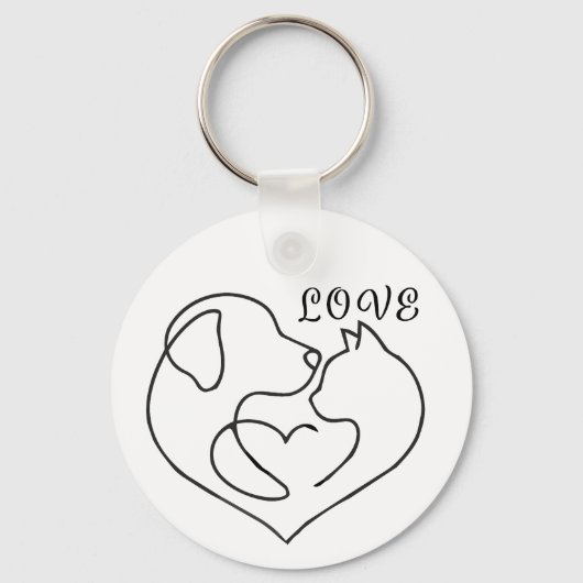 Minimalist Dog and Cat Heart - One Line Art Design キーホルダー (正面)