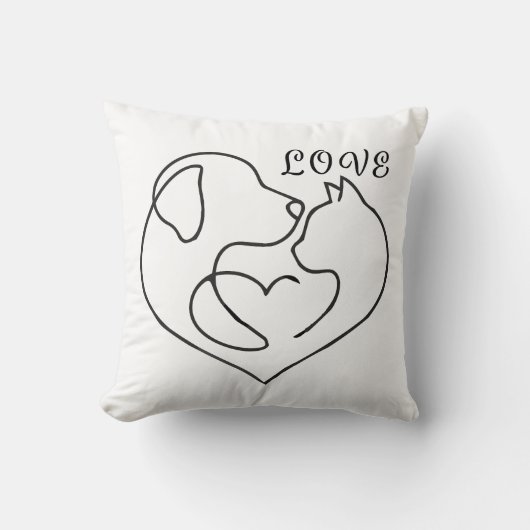 Minimalist Dog and Cat Heart - One Line Art Design クッション (正面)