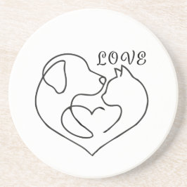 Minimalist Dog and Cat Heart - One Line Art Design コースター