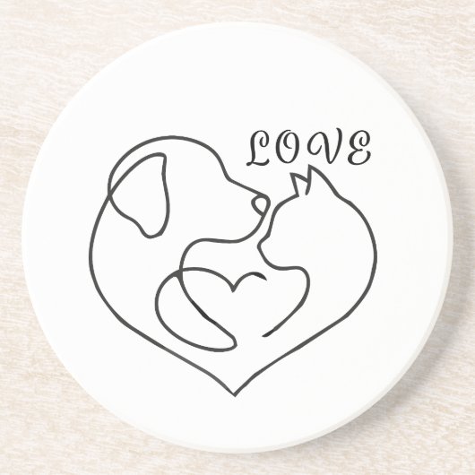 Minimalist Dog and Cat Heart - One Line Art Design コースター (正面)