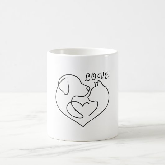 Minimalist Dog and Cat Heart - One Line Art Design コーヒーマグカップ (中央)