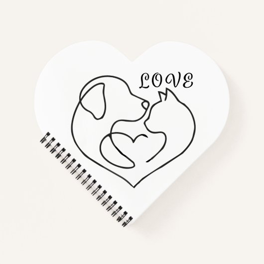 Minimalist Dog and Cat Heart - One Line Art Design ノートブック (正面)