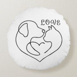 Minimalist Dog and Cat Heart - One Line Art Design ラウンドクッション