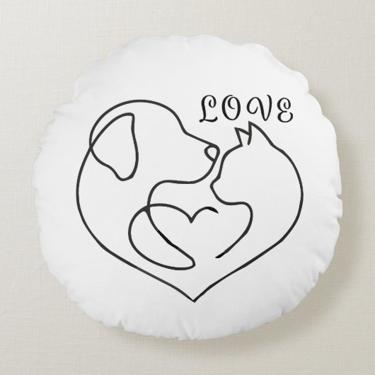 Minimalist Dog and Cat Heart - One Line Art Design ラウンドクッション (正面)