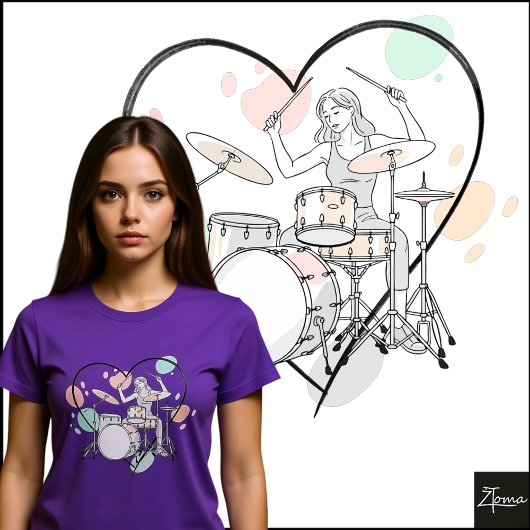 Minimalist Drummer Sketch Pastel Heart Outline Tシャツ
