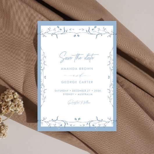 Minimalist Dusty Blue Chinoiserie Floral Save date 招待状