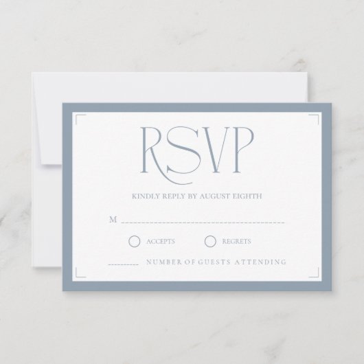 Minimalist Dusty Blue Elegant Monogram Wedding  出欠カード (正面)