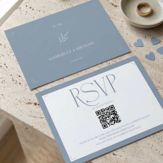 Minimalist Dusty Blue Elegant Monogram Wedding  出欠カード