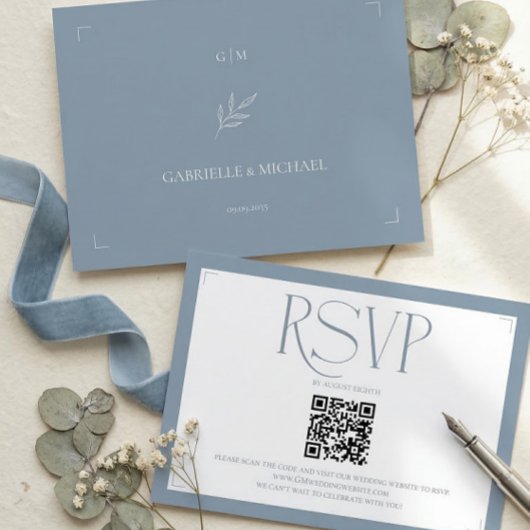 Minimalist Dusty Blue Elegant Monogram Wedding  出欠カード