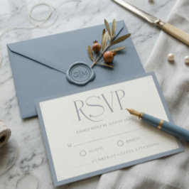 Minimalist Dusty Blue Elegant Monogram Wedding  出欠カード