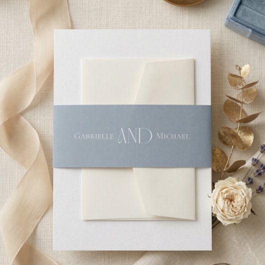 Minimalist Dusty Blue Elegant Monogram Wedding  招待状ベリーバンド