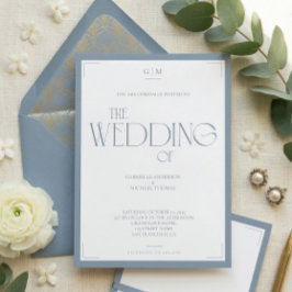 Minimalist Dusty Blue Elegant Monogram Wedding  招待状