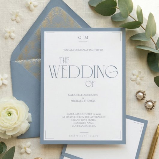 Minimalist Dusty Blue Elegant Monogram Wedding 招待状