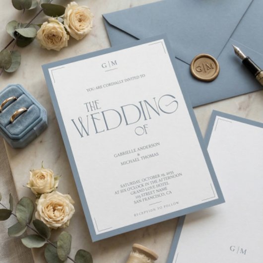 Minimalist Dusty Blue Elegant Monogram Wedding  招待状