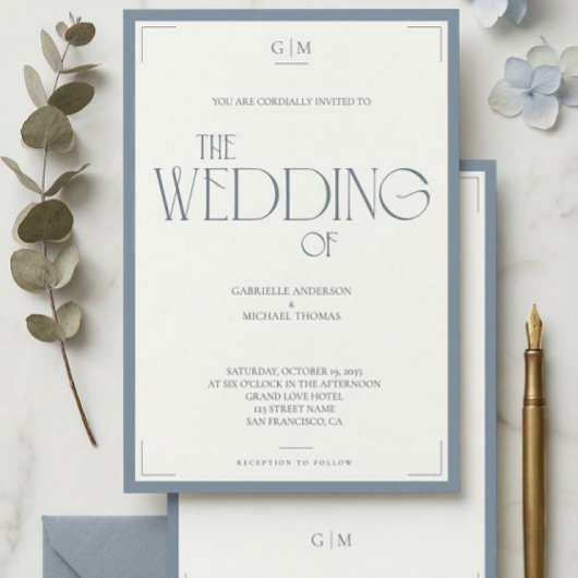 Minimalist Dusty Blue Elegant Monogram Wedding  招待状