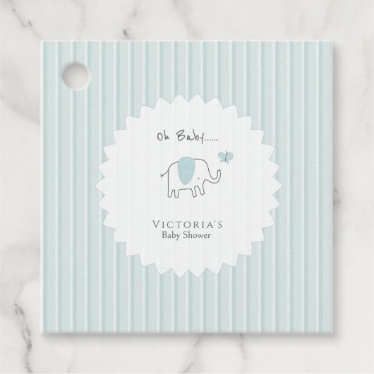  Minimalist Dusty Blue Elephant Baby Shower フェイバータグ (正面)