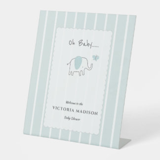 Minimalist Dusty Blue Elephant Baby Shower Welcome 台座サイン