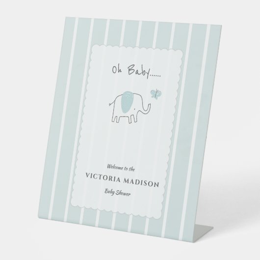 Minimalist Dusty Blue Elephant Baby Shower Welcome 台座サイン (正面)