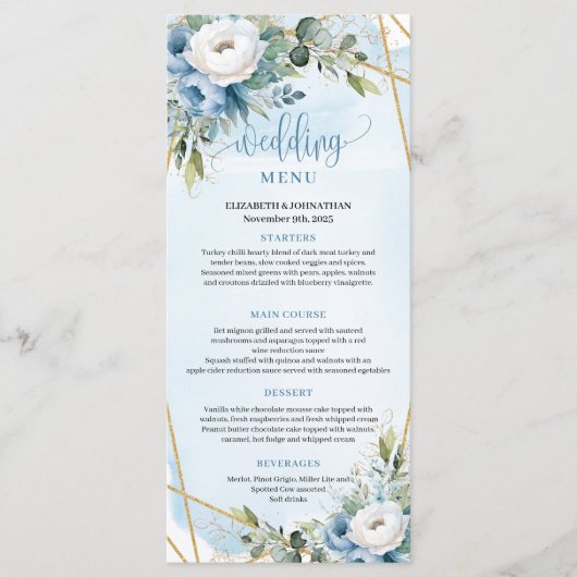 Minimalist Dusty Blue Eucalyptus Wedding Menu メニュー (正面)