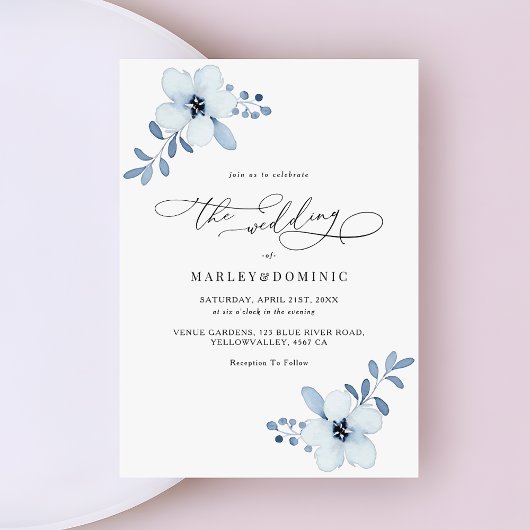 Minimalist Dusty Blue Floral Boho Wedding 招待状