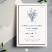 Minimalist Dusty Blue Floral Sketch Wedding  招待状