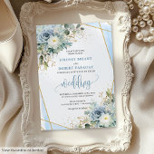 Minimalist Dusty Blue Gold Flowers Wedding Invite 招待状
