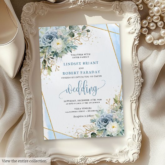 Minimalist Dusty Blue Gold Flowers Wedding Invite 招待状