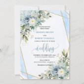 Minimalist Dusty Blue Gold Flowers Wedding Invite 招待状 (正面)