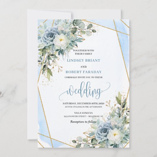 Minimalist Dusty Blue Gold Flowers Wedding Invite 招待状 (正面)