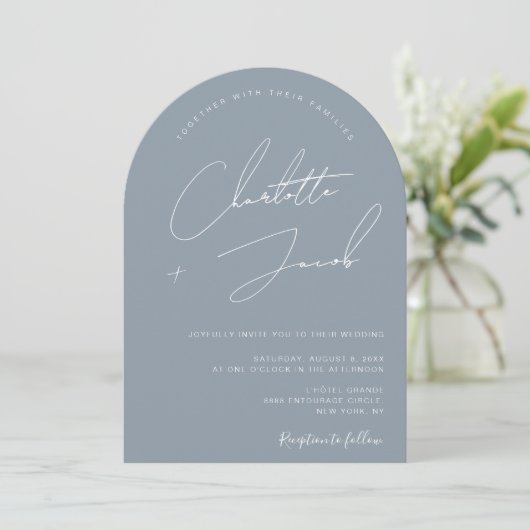Minimalist Dusty Blue Modern Arch Wedding 招待状 (スタンド正面)