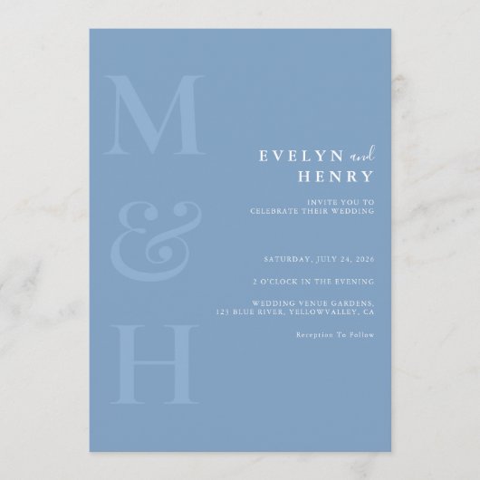 Minimalist Dusty Blue Monogram Simple Wedding 招待状 (正面)