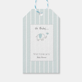 Minimalist Dusty Blue Oh Baby Elephant Baby Shower ギフトタグ