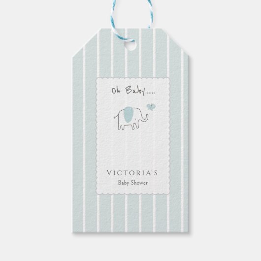 Minimalist Dusty Blue Oh Baby Elephant Baby Shower ギフトタグ (正面)