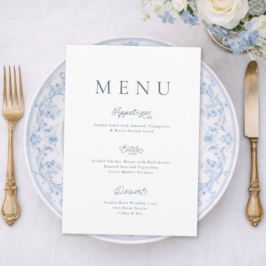 Minimalist Dusty Blue Wedding Menu Card 招待状