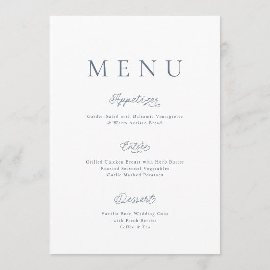 Minimalist Dusty Blue Wedding Menu Card 招待状 (正面)