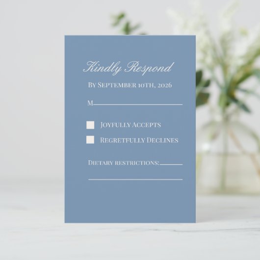 Minimalist Dusty Blue Wedding RSVP Card  (スタンド正面)