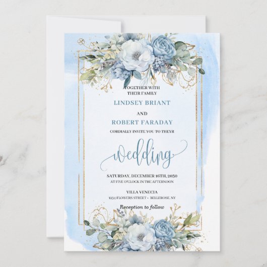 Minimalist dusty blue white floral wedding invites 招待状 (正面)