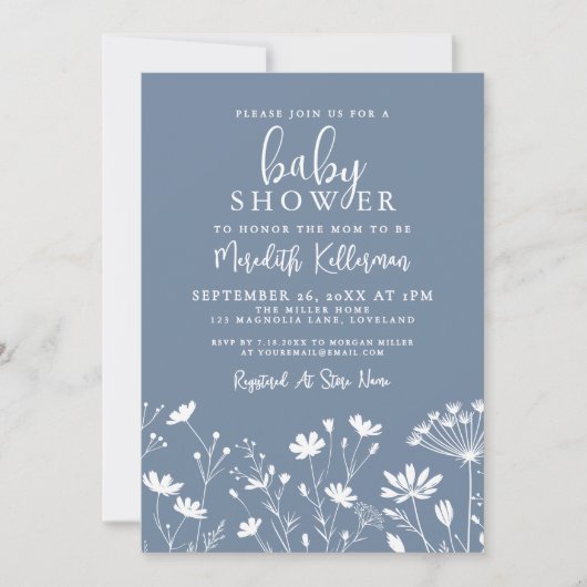 Minimalist Dusty Blue Wildflower Baby Shower 招待状 (正面)