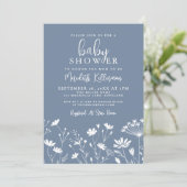 Minimalist Dusty Blue Wildflower Baby Shower 招待状 (スタンド正面)