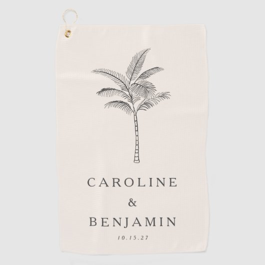 Minimalist Ecru Palm Tree Line Art Wedding Favor ゴルフタオル (正面)