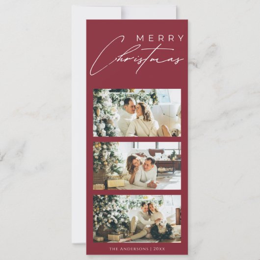 Minimalist Elegant 3 Photo Collage Red Christmas シーズンカード (正面)