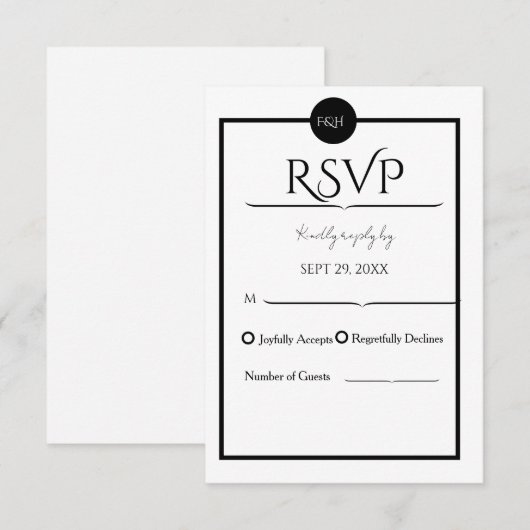 Minimalist Elegant Black & White Wedding 出欠カード (正面/裏面)