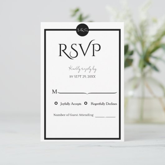 Minimalist Elegant Black & White Wedding 出欠カード (スタンド正面)
