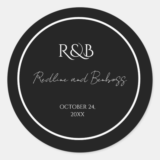 Minimalist Elegant Black & White Wedding Round Sti ラウンドシール (正面)