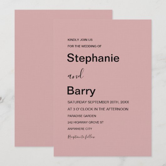 Minimalist Elegant Dusty Pink Wedding 招待状 (正面/裏面)