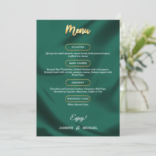 Minimalist Elegant Emerald & Gold Script Wedding メニュー (スタンド正面)