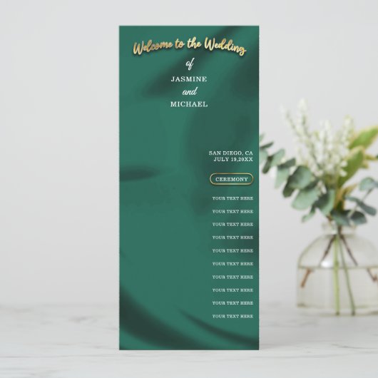 Minimalist Elegant Emerald & Gold Wedding Program (スタンド正面)
