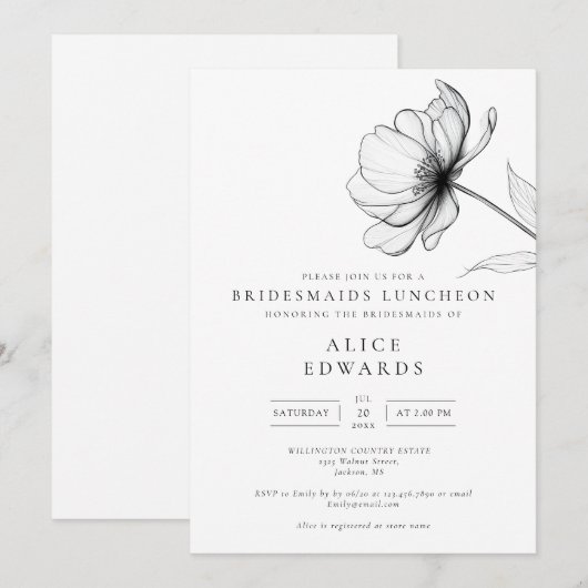 Minimalist Elegant Floral Bridesmaids Luncheon 招待状 (正面/裏面)