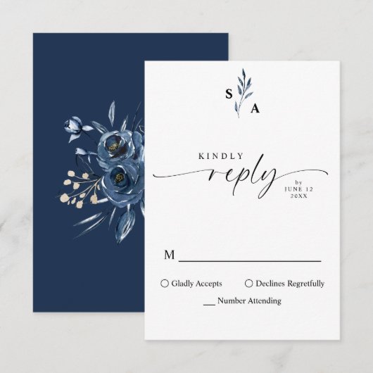 Minimalist Elegant Monogram Navy Blue Calligraphy 出欠カード (正面/裏面)